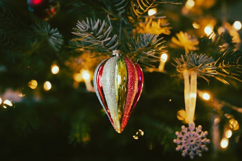 Close-up of Christmas Ornaments on a Christmas Tree 