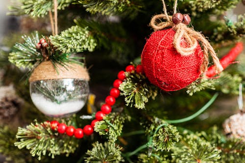 Close-Up of Ornaments Hanging on a Christmas Tree