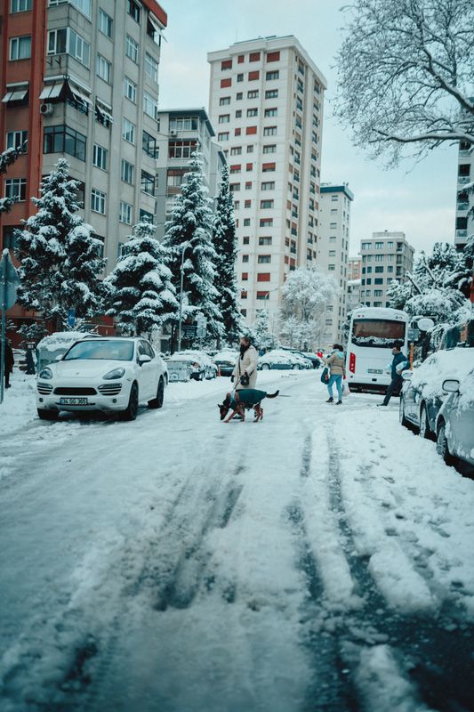 Park halindeki arabaların arasında karlı bir sokakta oynayan biri