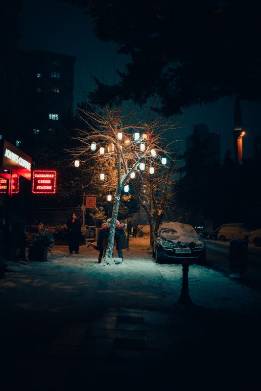 Karlı bir gecede ışıklarla süslü bir ağaç