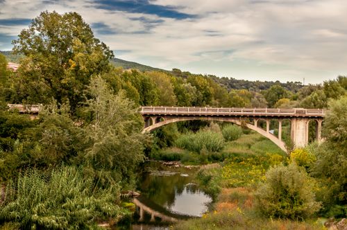 Free Scenic view of an ancient stone bridge over a river in Besalú, Spain, surrounded by lush greenery. Stock Photo