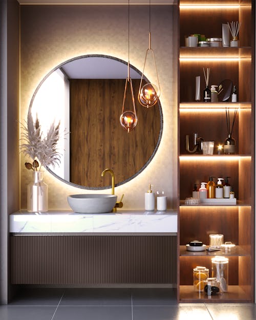 Darmowe zdjęcie z galerii z kran, łazienka, okrągłe lustro