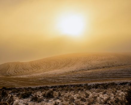A beautiful sunrise over snowy, rolling fields in East Wenatchee, Washington.