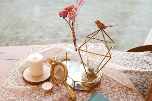 Decorations with Gold Accents on a Table 