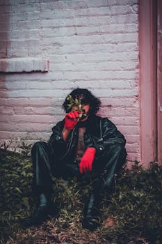 A moody urban portrait of a man in red gloves, sitting against a white brick wall with leaves.