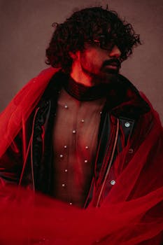 Moody artistic portrait of a man draped in red sheer fabric, evoking a sense of mystery.
