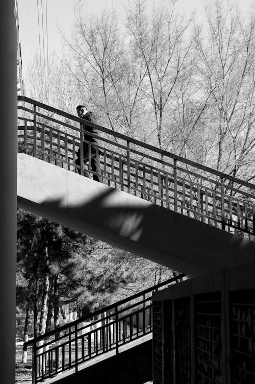 Grayscale Photo of a Person Going Up the Stairs