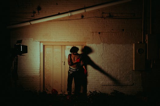 Dramatic urban portrait with deep shadows and moody lighting.