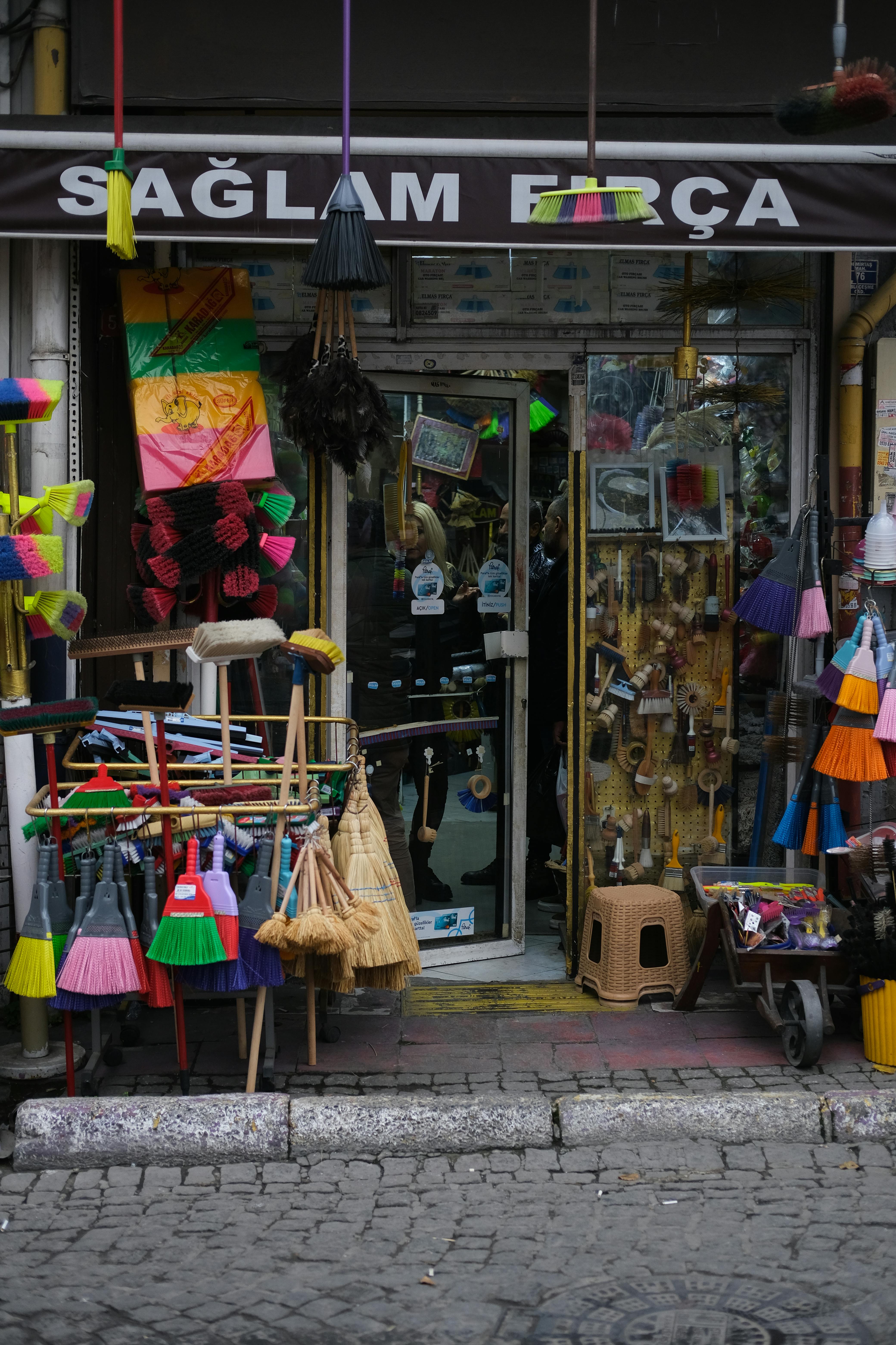 Colorful traditional brush and broom shop in Istanbul, Turkey.