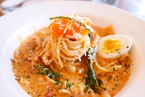 Photo of a Dish with Noodles and Boiled Egg