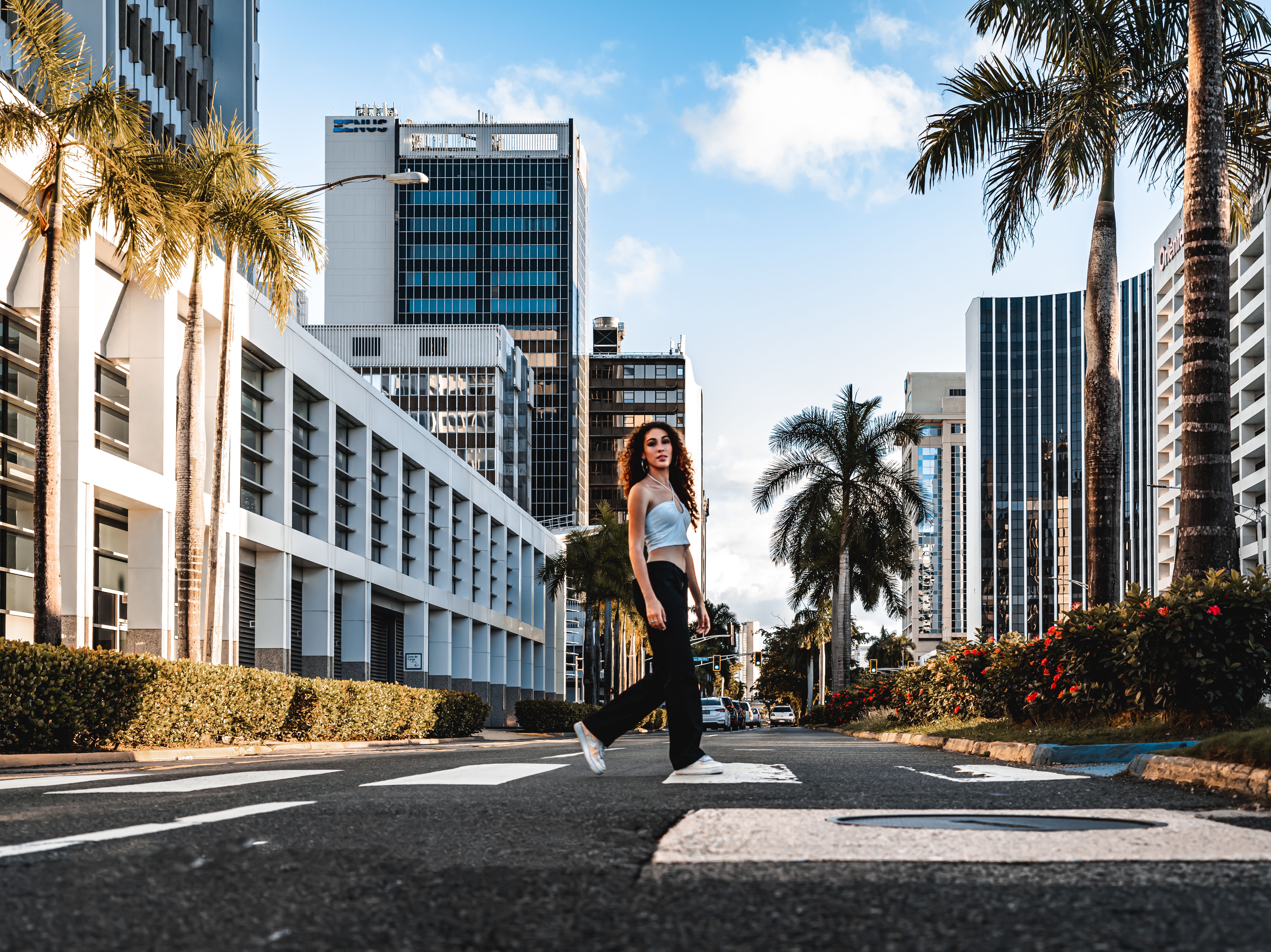 Stylish woman walking in a sunny city street surrounded by tall buildings and palm trees.