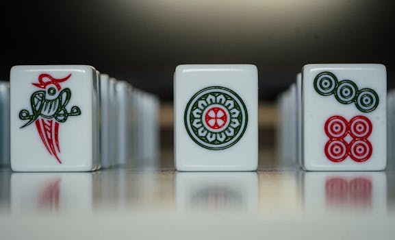 Detailed close-up of mahjong tiles showcasing intricate designs. Perfect for themes of strategy and leisure.