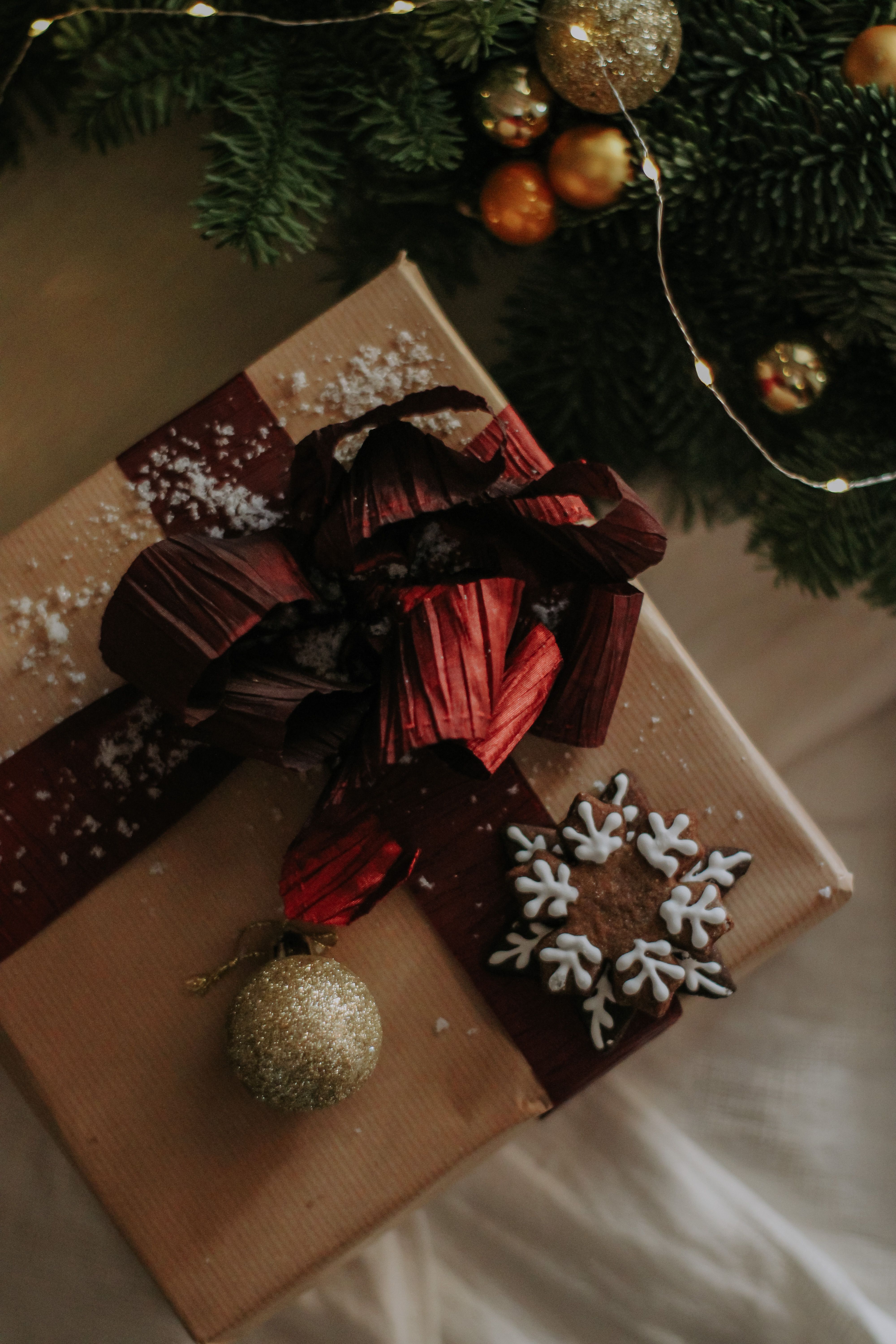 Elegant Christmas gift with a gingerbread cookie and festive decor under a holiday tree.