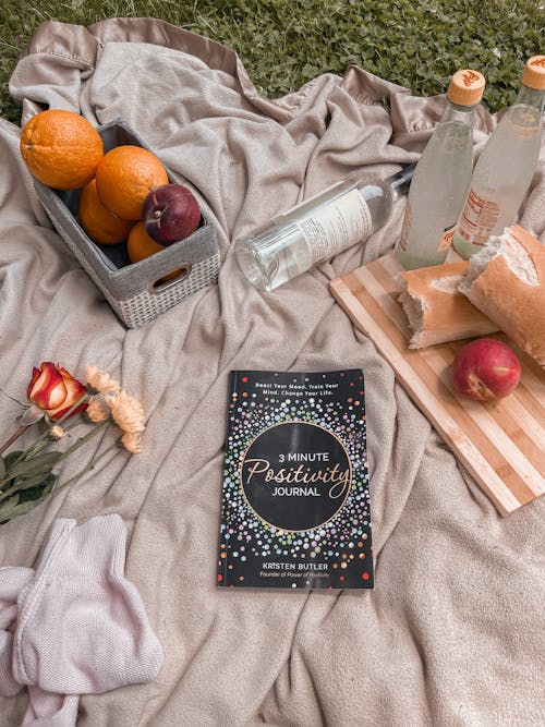 3 Minute Positivity Journal Book on a Blanket Among Picnic Snacks and Drinks