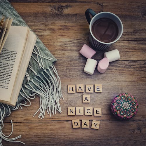Have a Nice Day Text on Dice near Marshmallows and Coffee