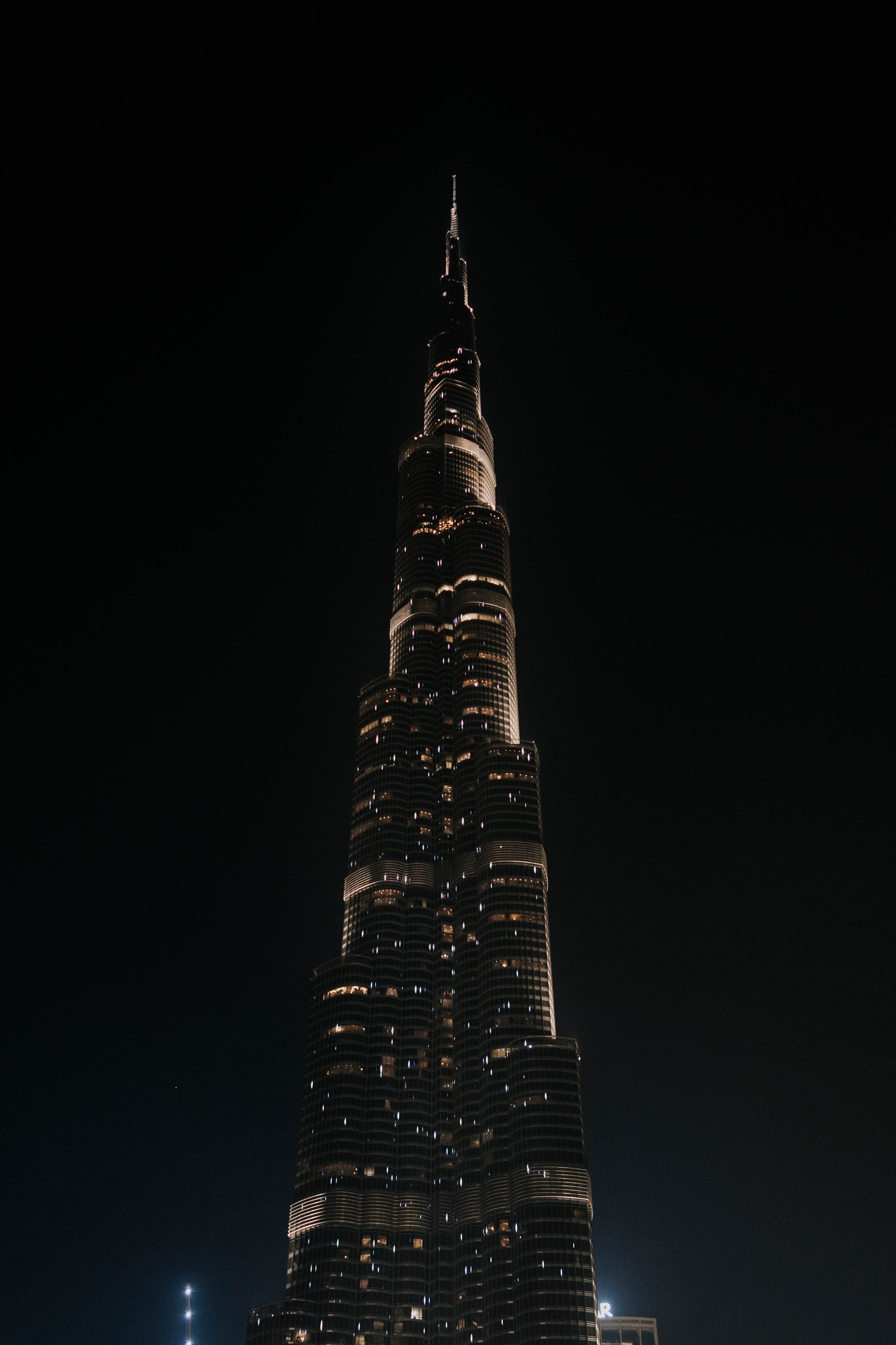 Burj Khalifa lit up at night in Dubai.