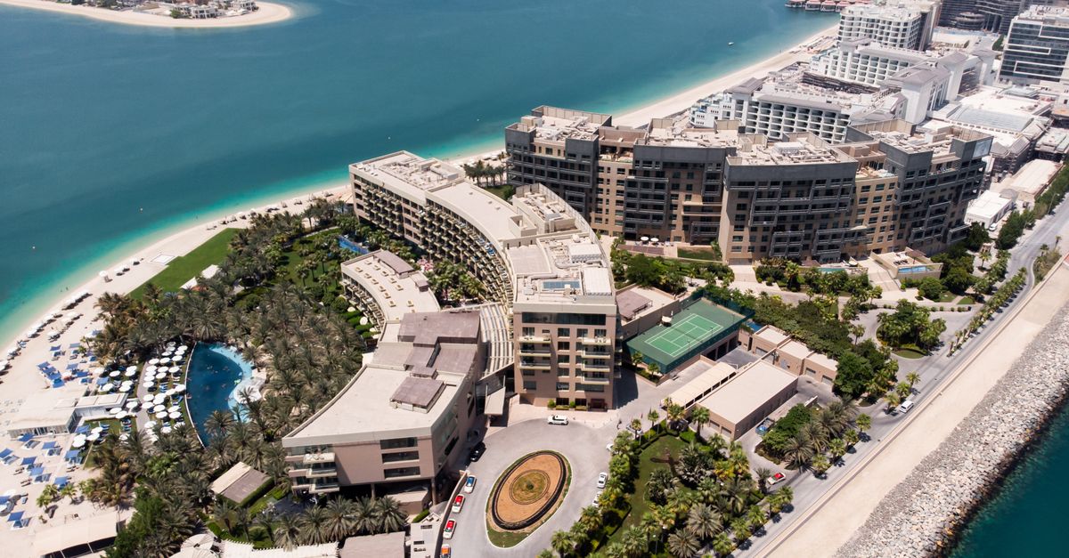 Stunning aerial view of luxury hotels on Palm Jumeirah, Dubai's iconic island.