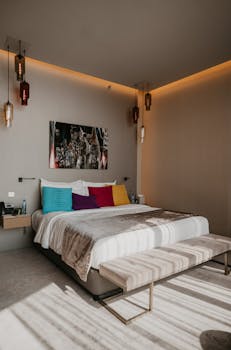 Elegant hotel room in Dubai with modern design and vibrant accents.
