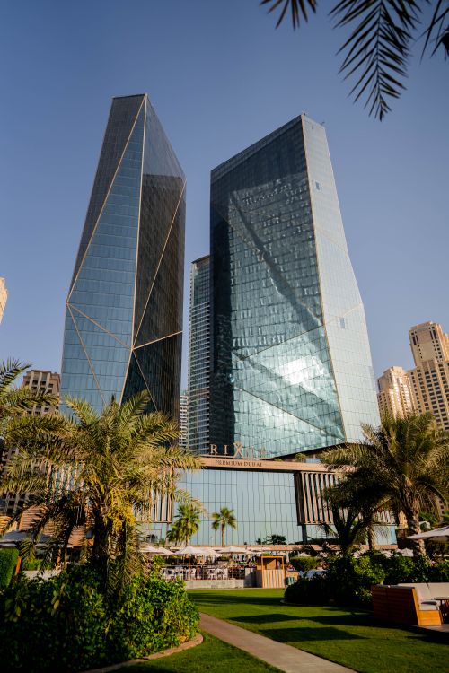 Free Contemporary skyline featuring the iconic Rixos hotel in Dubai, showcasing modern architecture. Stock Photo