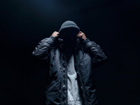 Stylish portrait of a man in a black jacket and beanie on a dark backdrop.