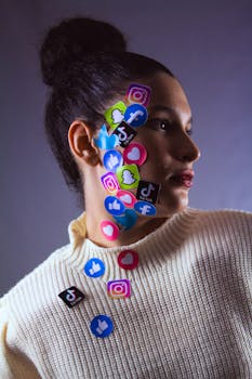 Portrait of a woman with colorful social media stickers on her face, wearing a white sweater.