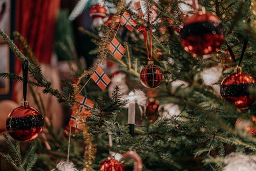 Close Up Shot of a Christmas Tree with Christmas Balls