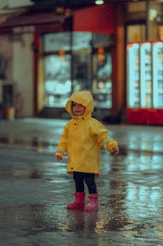 A child wearing a yellow raincoat and pink boots stands on a rainy city street, reflecting lights.