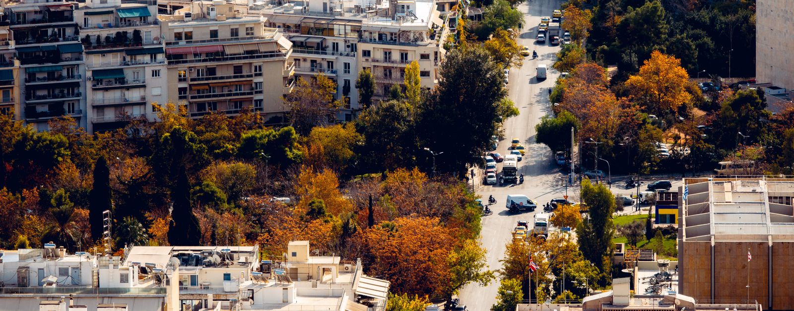 Stunning aerial view of Athens showing a vibrant cityscape with autumn colors.