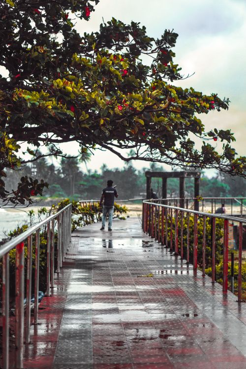 Free A solitary man strolls on a wet footbridge under a cloudy sky, creating a moody urban scene. Stock Photo