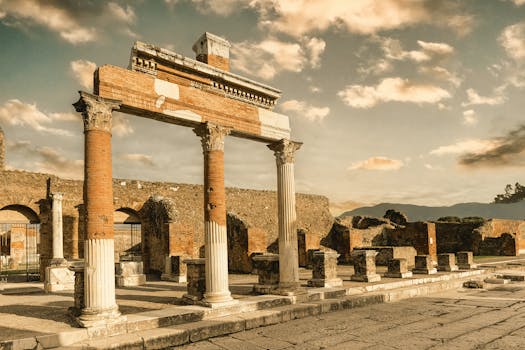 Scenic view of the ancient Roman ruins in Pompeii with dramatic sky.