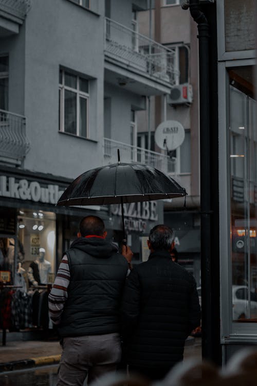Back View of Men Walking under an Umbrella in City 
