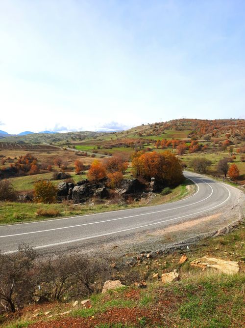 Free Scenic winding road through a colorful autumn landscape with rolling hills and vibrant trees. Stock Photo