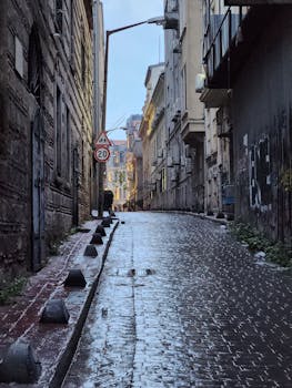 A deserted narrow street with wet cobblestones and old buildings on a rainy day in the city.
