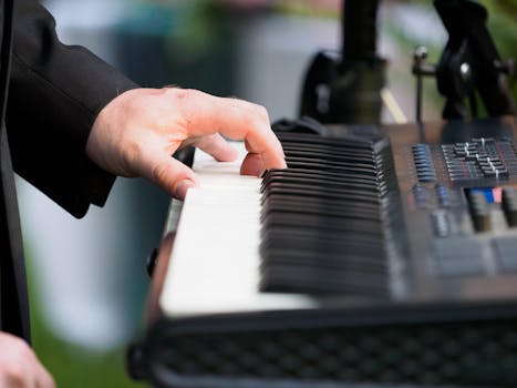 A musician's hand gracefully playing a keyboard at an outdoor event.