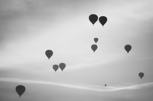 Grayscale Photo of Hot Air Balloons 