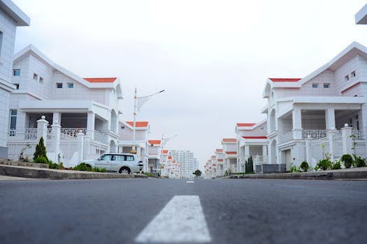 在土库曼斯坦阿什哈巴德，一条平静的街道两旁排列着现代化的豪华住宅