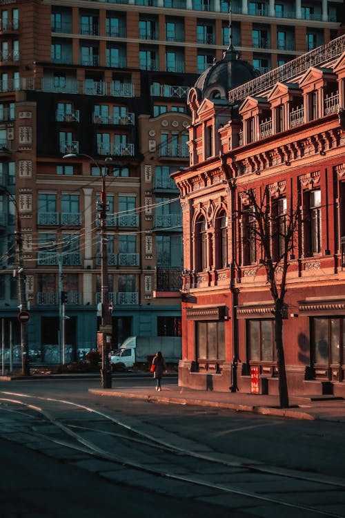 View of an Empty Street and Facade of a Building at Sunset in Kyiv, Ukraine 
