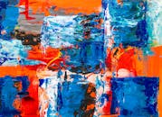 这幅抽象画动感多彩，笔触大胆，色彩鲜艳