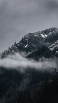 Dramatic monochrome shot of a misty mountain landscape near Port Angeles, WA.