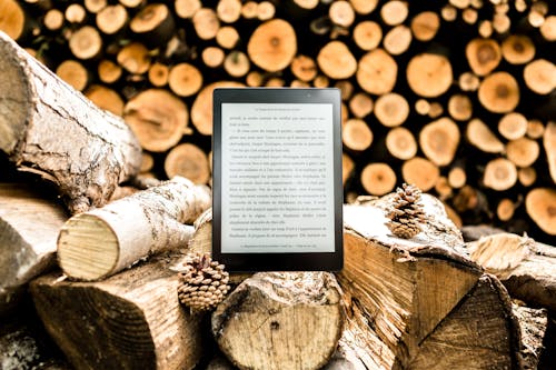 Kostenlos Schwarzer E Book Reader Auf Brown Tree Logs Stock-Foto