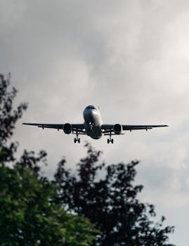 A commercial airplane approaches landing amidst cloudy skies and silhouetted trees.