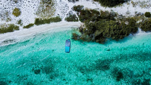 Aerial Footage of a Sandy Shore and Turquoise Water