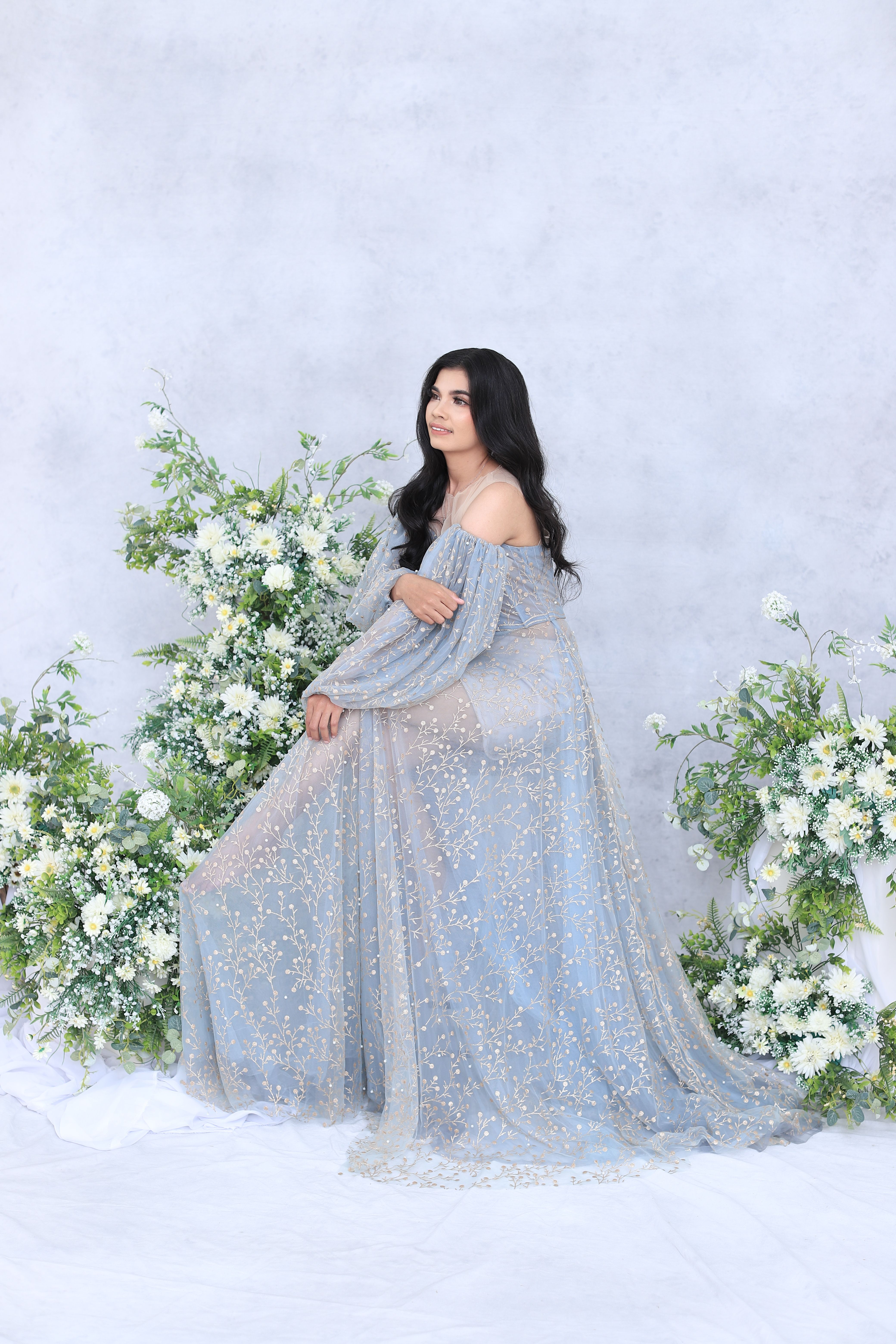 Extraordinary Blue Dress With White Flowers Pictures