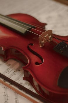 Close-up view of a classic violin resting on music sheets, showcasing its elegant craftsmanship.