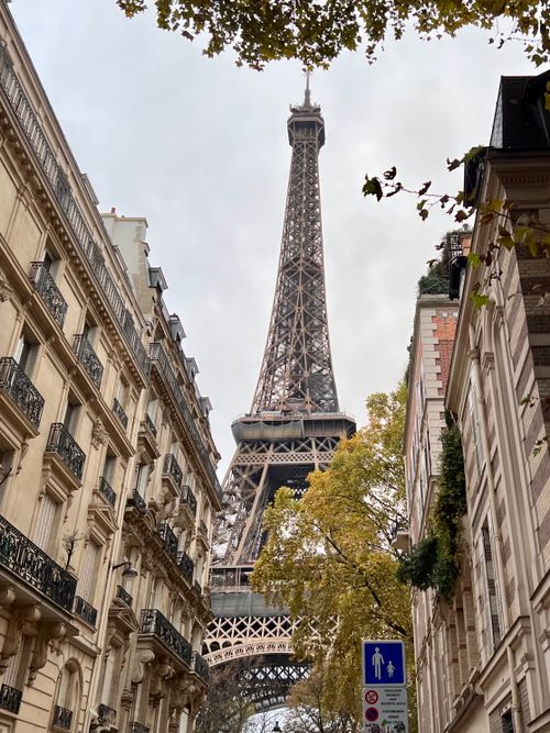Free Scenic view of the Eiffel Tower framed by Parisian buildings during fall. Iconic landmark in Paris, France. Stock Photo
