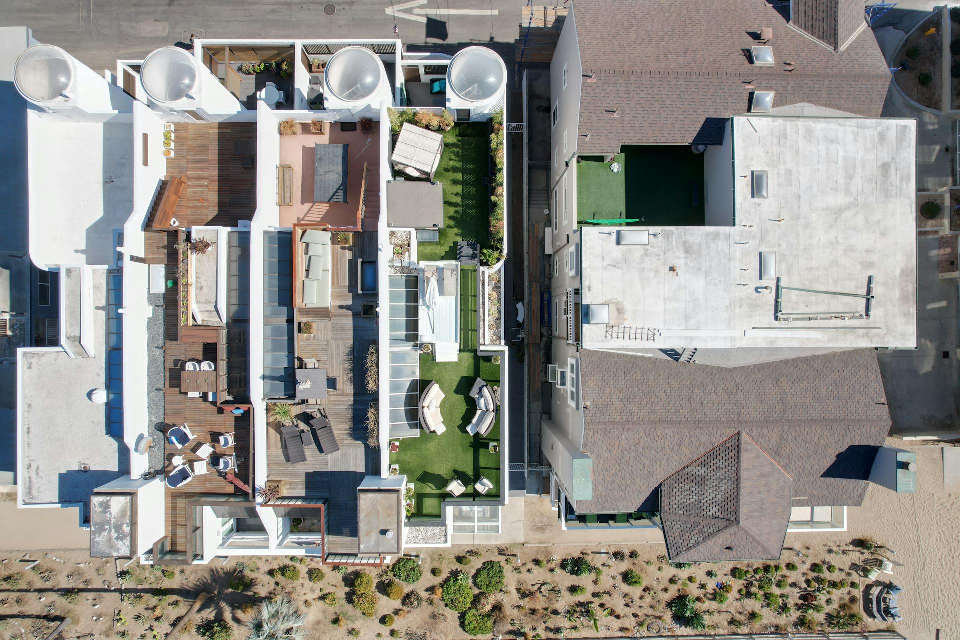 A top-down look at modern rooftop designs in Marina del Rey, California.