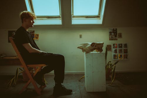 Free Man Sitting on a Chair in front of an Animal Skull  Stock Photo