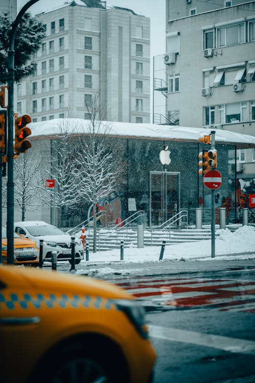 Building with Apple Logo in Snow