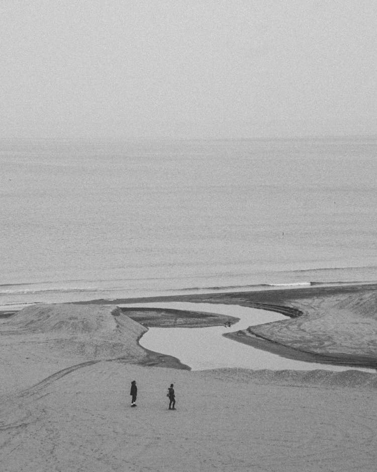 Aerial View Of Two People Walking On The Coast