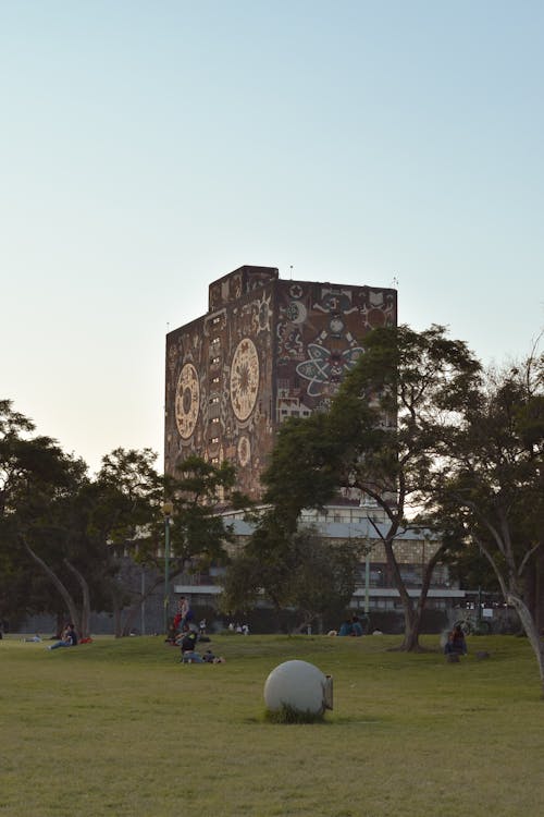 Ornate Facade of National Autonomous University of Mexico Building and Trees in a Park 